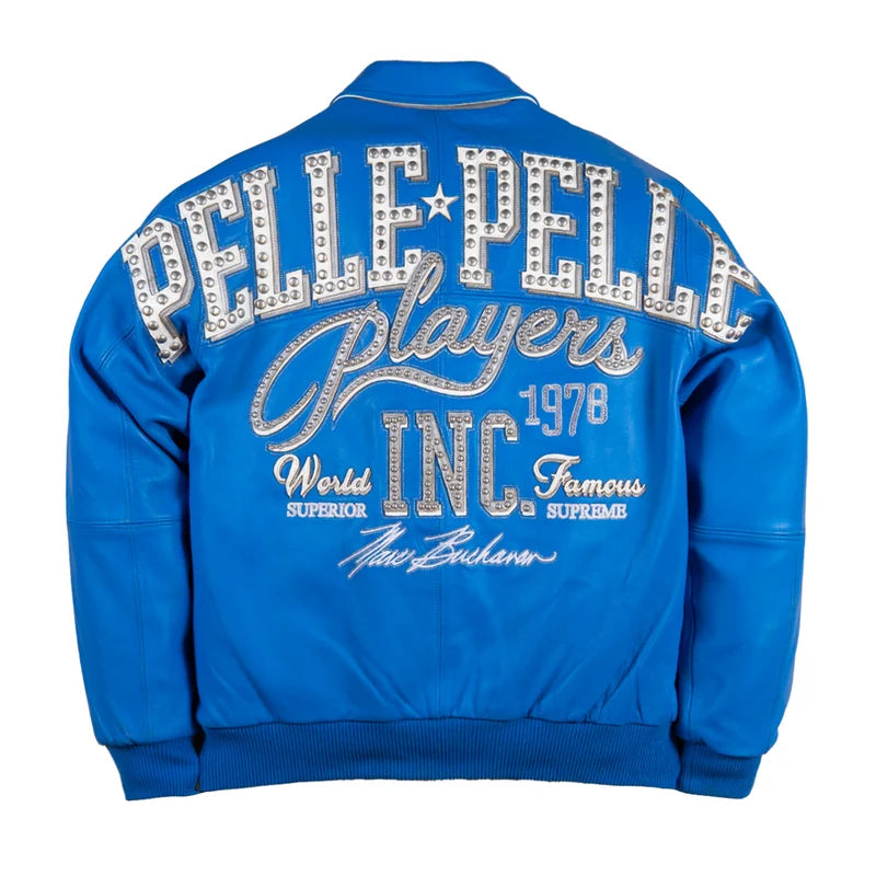 Back view of blue Pelle Pelle Players Inc Jacket featuring oversized silver lettering, Players graphics, and 1978 details