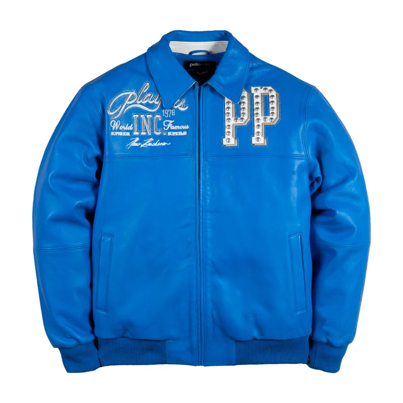 Front view of blue Pelle Pelle Players Inc Jacket with silver PP chest lettering, Players Inc graphics, full zipper, and side pockets