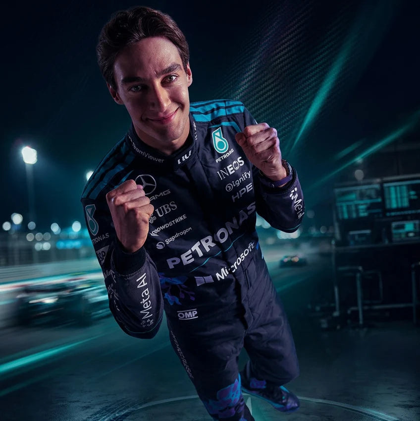 Mercedes Singapore GP-inspired racing suit with dark panels, turquoise stripes and purple floral leg graphics