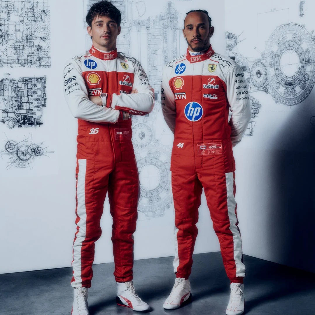 Lewis Hamilton inspired 2026 Ferrari F1 racing suit in red and white with blue accents, front and back views