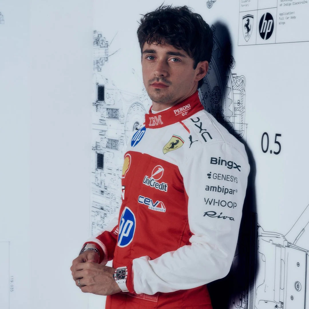 Front detail of a red and white Ferrari-inspired racing suit with blue accents and motorsport graphics