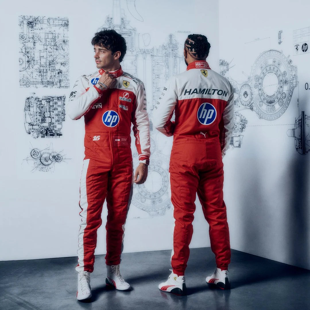Back view of a Lewis Hamilton inspired Ferrari racing suit with white shoulders, red body and racing graphics