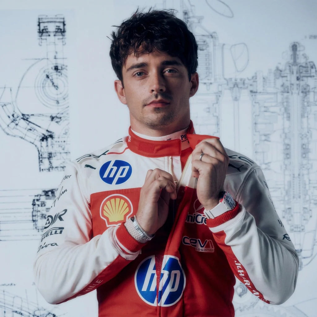 Charles Leclerc inspired red and white Ferrari F1 racing suit with blue sponsor-style graphics