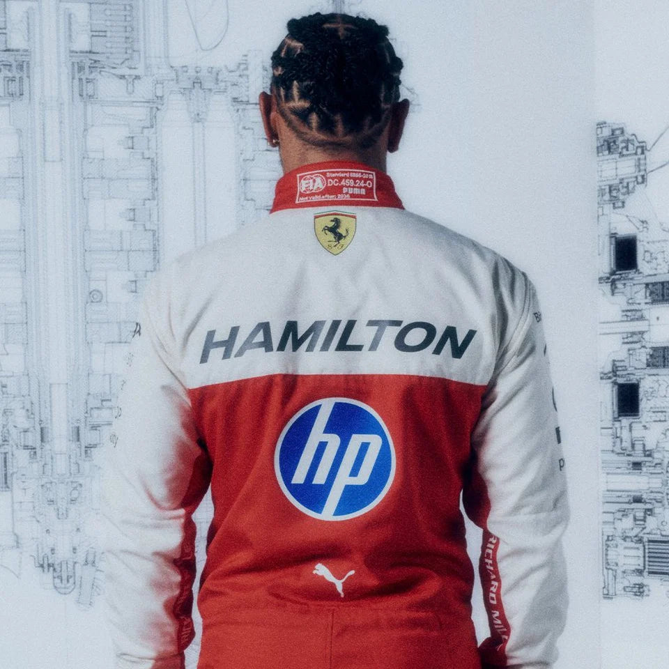 Back view of a Lewis Hamilton inspired Ferrari racing suit with white shoulders, red body and racing graphics