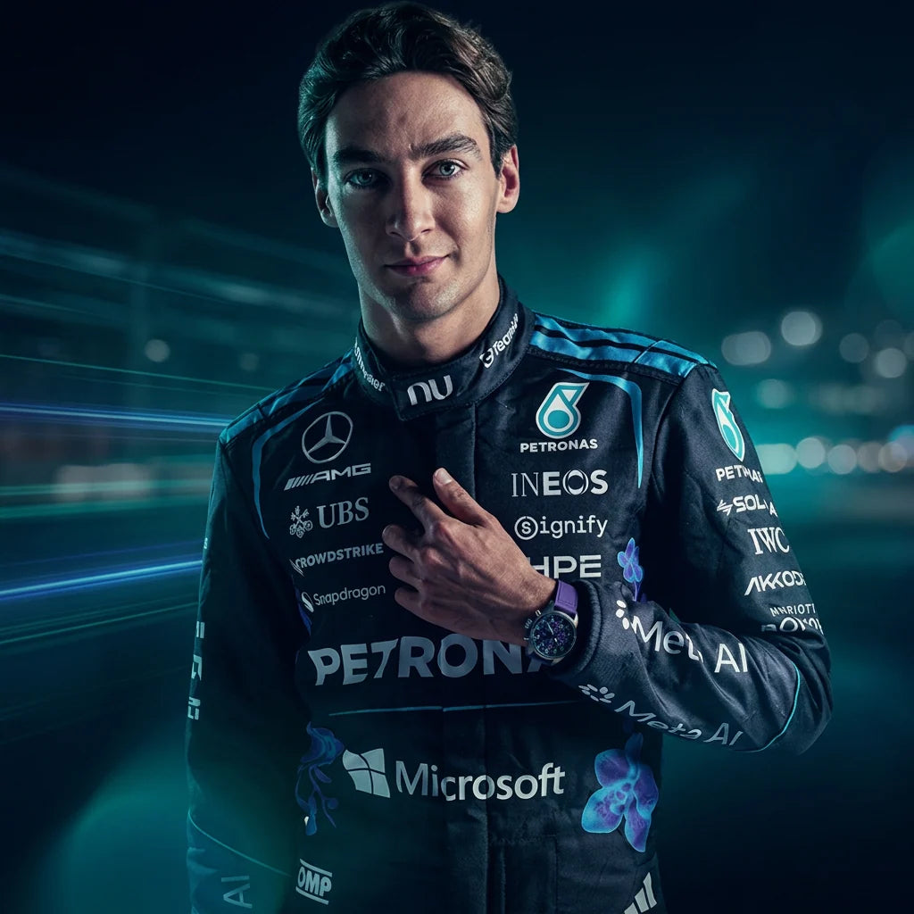 Close-up of a dark Mercedes-inspired F1 racing suit with teal accents, chest graphics and purple floral artwork
