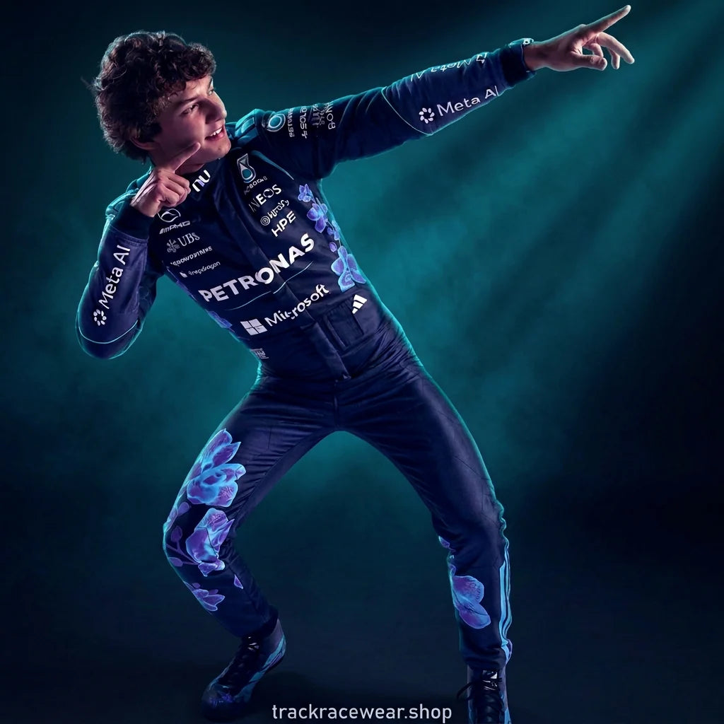  Kimi Antonelli inspired Mercedes F1 racing suit in dark navy with teal accents and purple floral graphics