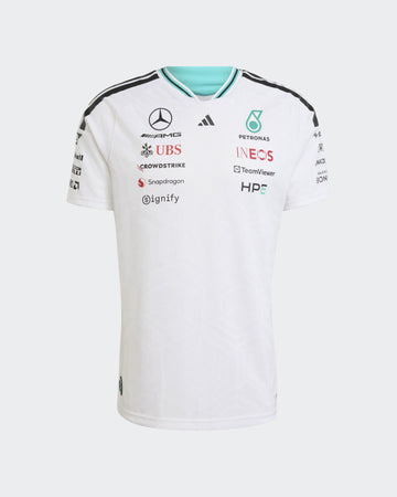 White Mercedes-inspired F1 racing T-shirt with turquoise and black motorsport graphics