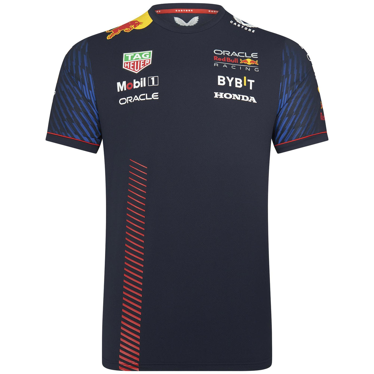 A dark navy blue Oracle Red Bull Racing crewneck t-shirt with sponsor logos including TAG Heuer, Mobil 1, BYBIT, Honda, and Oracle on the chest, and red and blue graphic details on the sleeves and front.