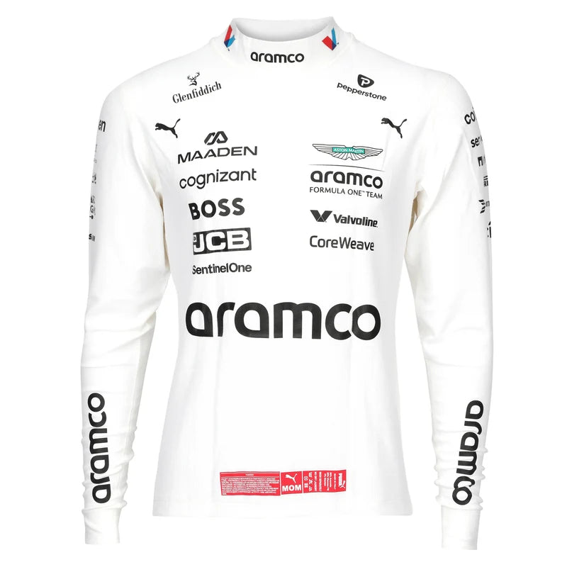 Front view of white Aston Martin racing inspired long sleeve top with black motorsport graphics