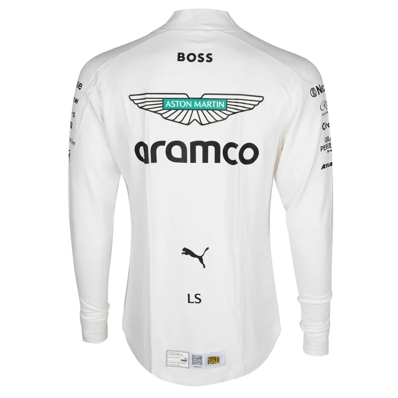 Back view of white racing inspired long sleeve top with large Aston Martin-style graphics and sponsor lettering