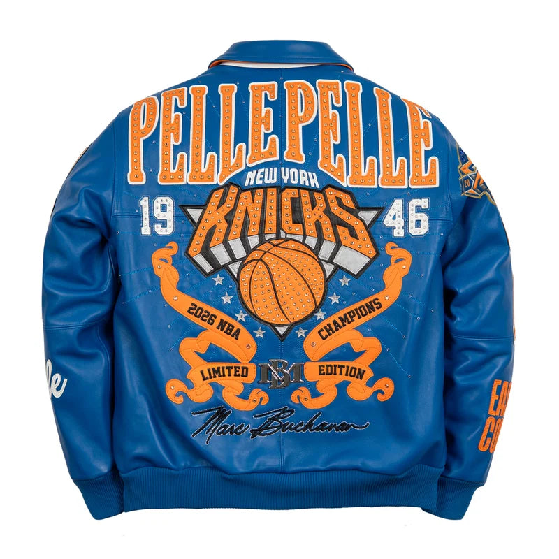 Back view of blue and orange Pelle Pelle For The City of Knicks jacket featuring oversized lettering, basketball-themed artwork, and decorative orange graphics
