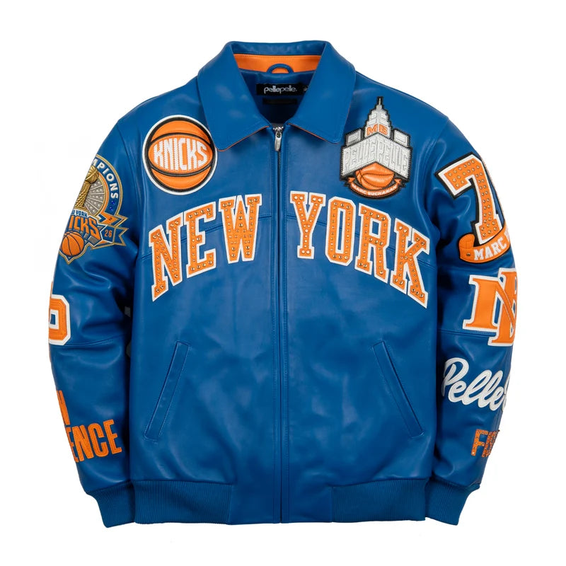 Front view of blue and orange Pelle Pelle For The City of Knicks jacket featuring NEW YORK chest lettering, basketball-inspired emblems, graphic sleeve patches, and front zipper
