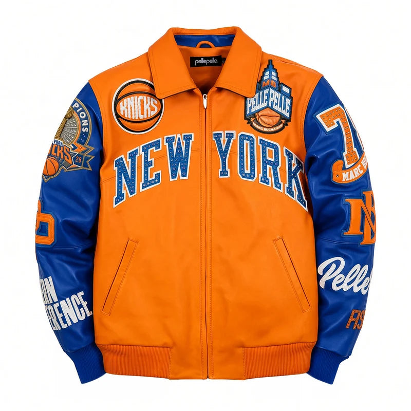 Front view of orange and royal blue Pelle Pelle For The City of Knicks jacket featuring NEW YORK chest lettering, basketball-inspired emblems, graphic sleeves and a front zipper
