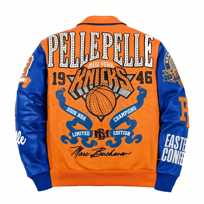 Back view of an orange and royal blue Pelle Pelle New York Knicks jacket featuring large Pelle Pelle lettering and championship-themed basketball graphics
