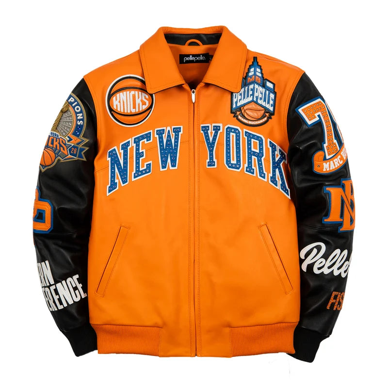 Front view of orange and black Pelle Pelle For The City of Knicks jacket featuring NEW YORK chest lettering, basketball-inspired emblems, contrasting sleeves, and front zipper
