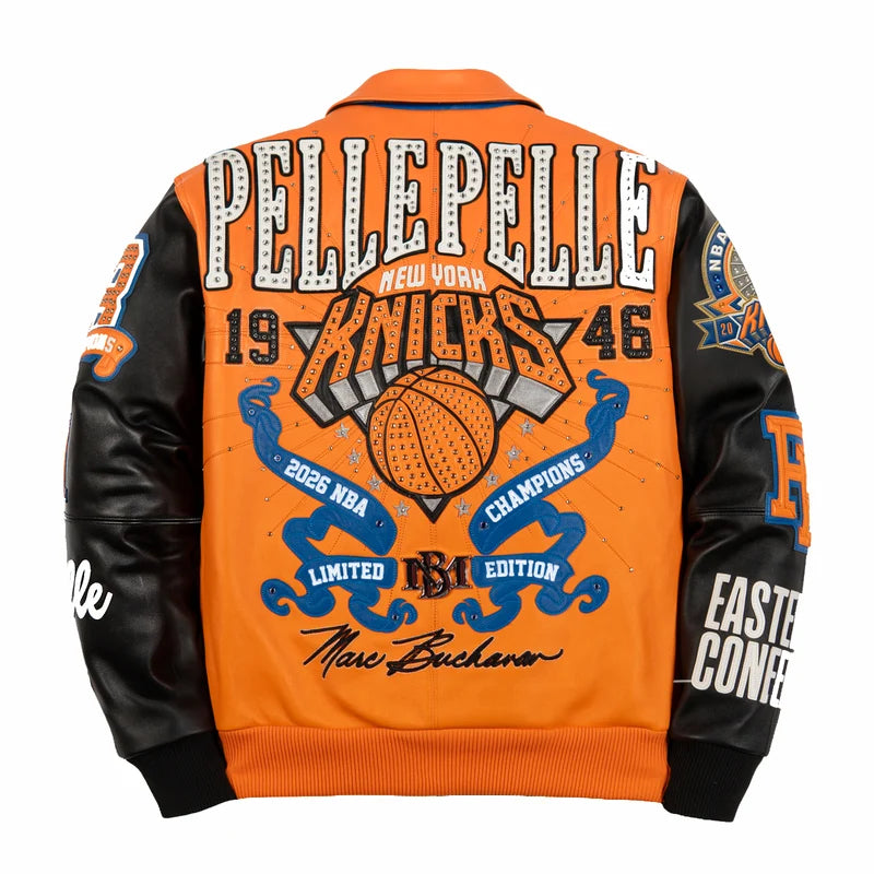  Back view of orange and black Pelle Pelle For The City of Knicks jacket featuring oversized lettering, basketball-themed artwork, and blue decorative graphics