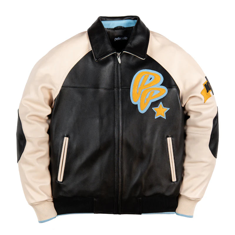 Front view of black and cream Pelle Pelle Classic Soda Club Plush Jacket with PP star emblem, contrasting sleeves, zipper, and front pockets