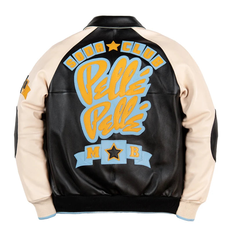 Back view of black Pelle Pelle Classic Soda Club Plush Jacket with cream sleeves, yellow and light-blue lettering, and a large Soda Club graphic