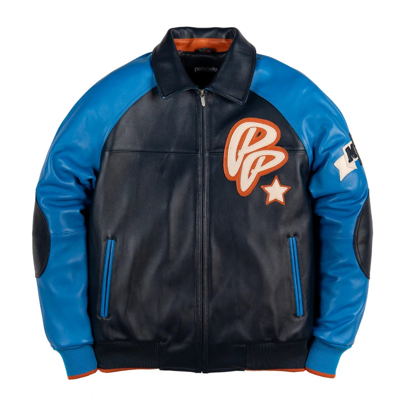 Front of the Pelle Pelle Classic Soda Club jacket with a navy body, royal blue sleeves, chest graphic, and zip closure.