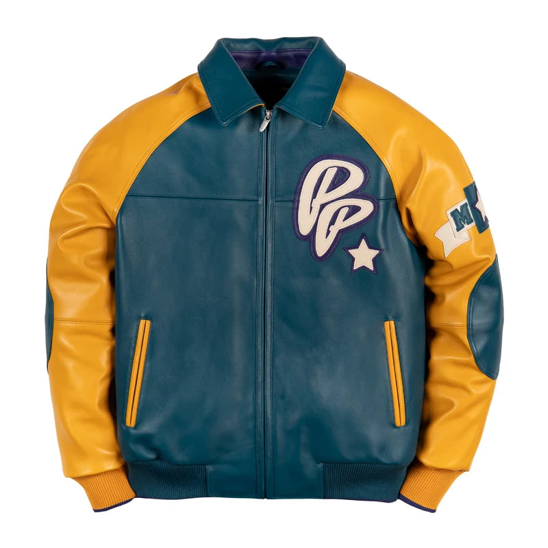 Front view of teal blue and mustard yellow Pelle Pelle Classic Soda Club Plush Jacket with PP star emblem, contrast sleeves, zipper and two side pockets

