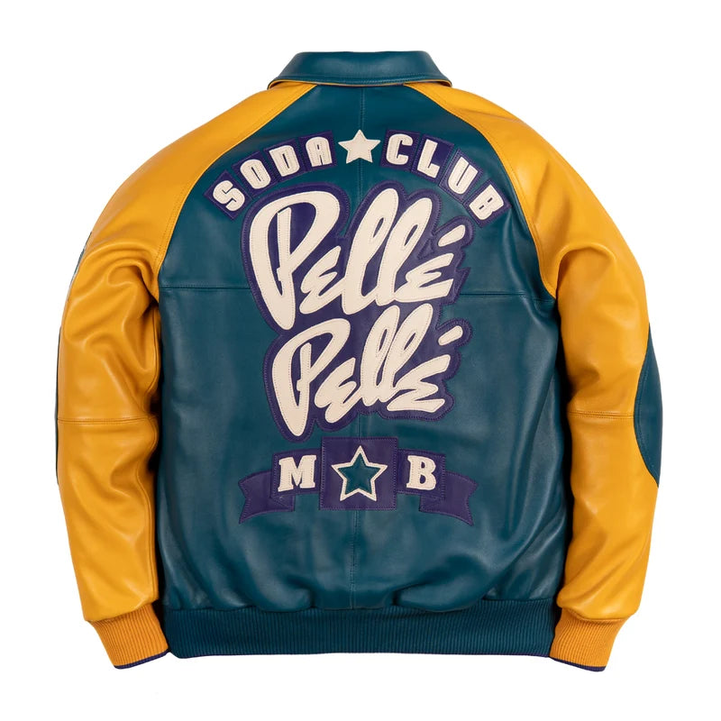  Back view of teal blue Pelle Pelle Classic Soda Club Plush Jacket featuring large cream Soda Club lettering, purple accents and mustard yellow sleeves