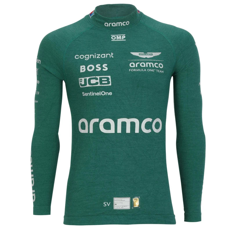 Front view of green Aston Martin racing inspired long sleeve top with white motorsport graphics