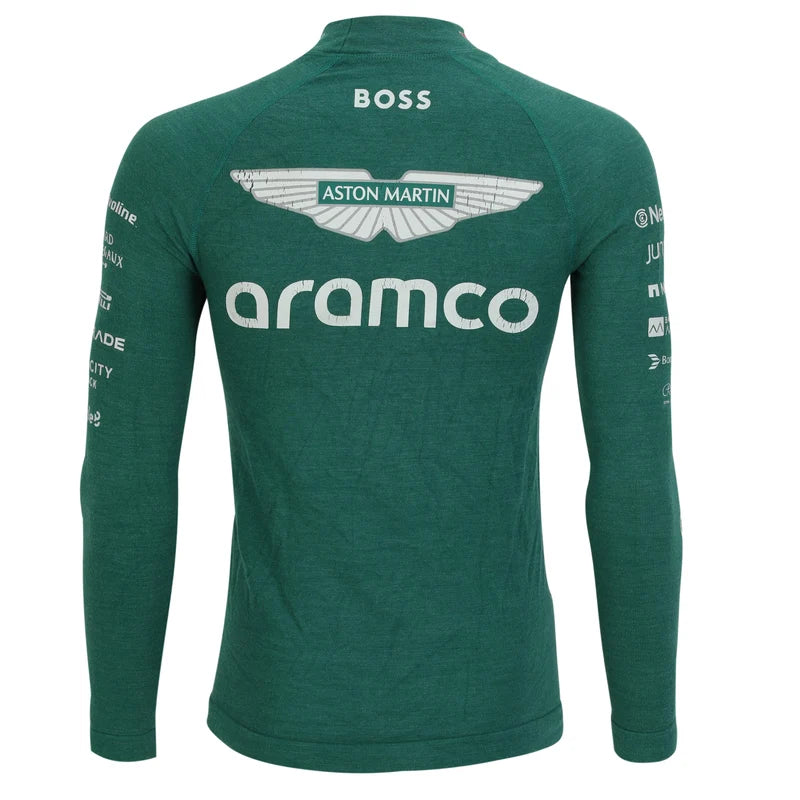 Back view of green racing inspired long sleeve top with large wing-shaped graphic and white lettering