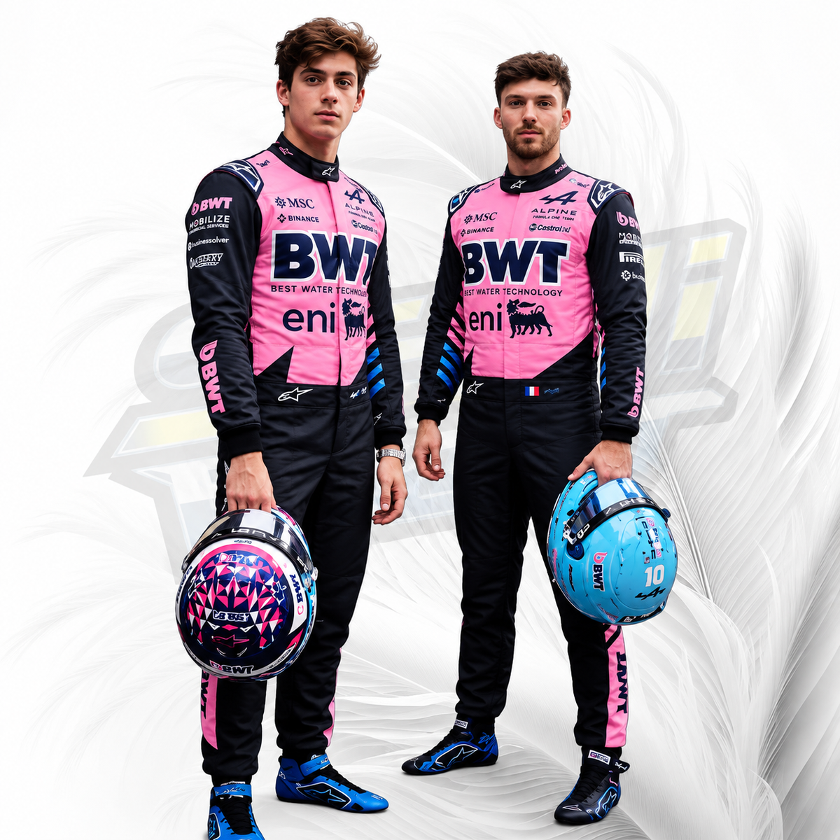 Two male race drivers standing side by side in pink and black BWT World Racing team racing suits, holding matching helmets, against a white background with a faint stylized logo.