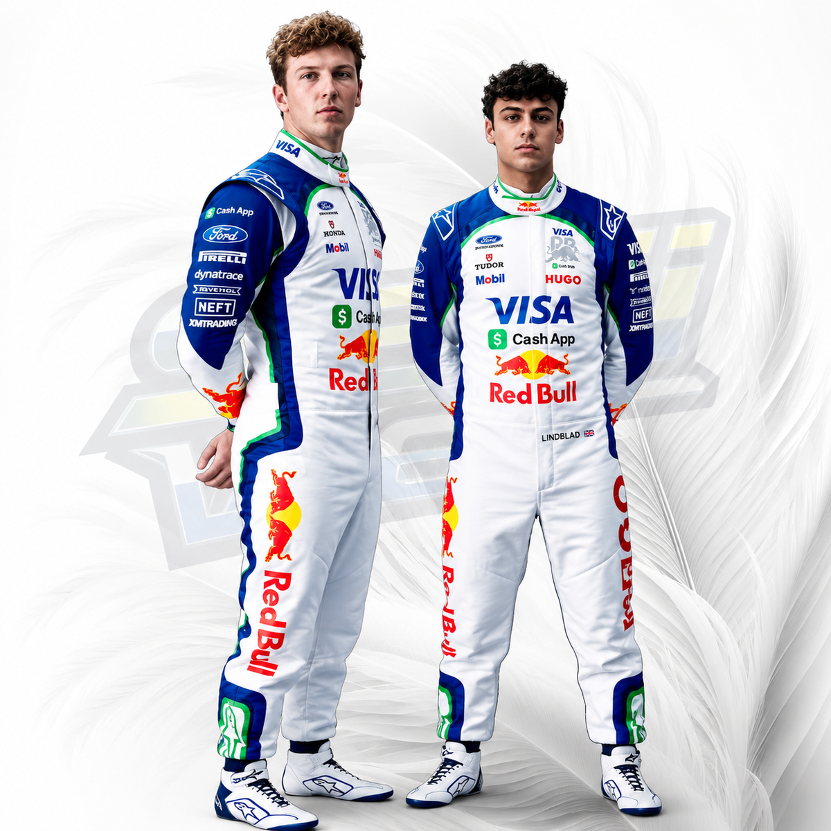 Two male race drivers standing side by side in matching Red Bull Racing white racing suits with blue, green, and red sponsor logos, photographed against a white studio background with a faint stylized graphic.