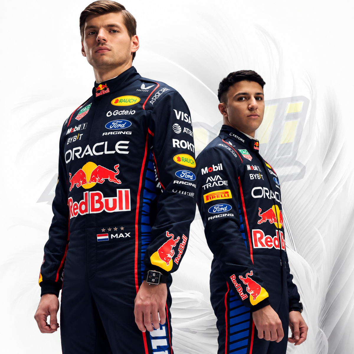 Two Red Bull Racing team members in matching navy blue racing suits with Red Bull, Ford, Oracle, Mobil, and other sponsor logos, posed against a white background with a subtle gray graphic.