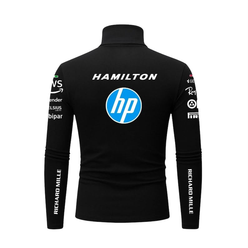 Back view of black racing-inspired bodysuit with large lettering and motorsport-style graphics