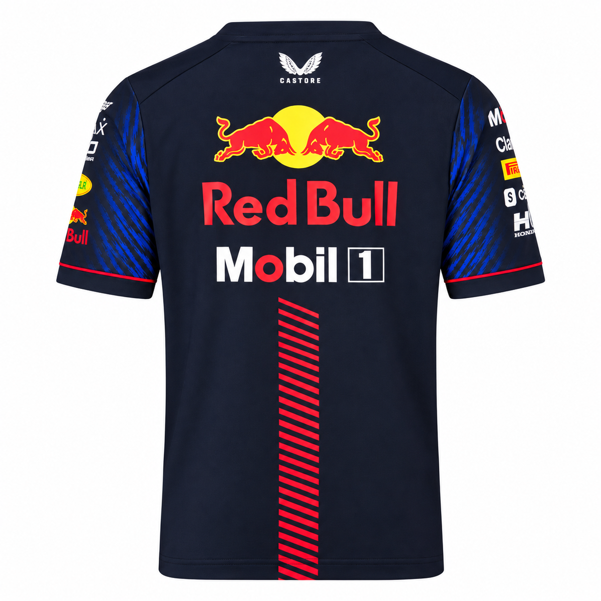 Rear view of a Red Bull Racing Castore team shirt in navy blue, featuring the red bull logo, 'Red Bull' and 'Mobil 1' sponsor logos, and blue and red striped patterns on the sleeves and lower back.