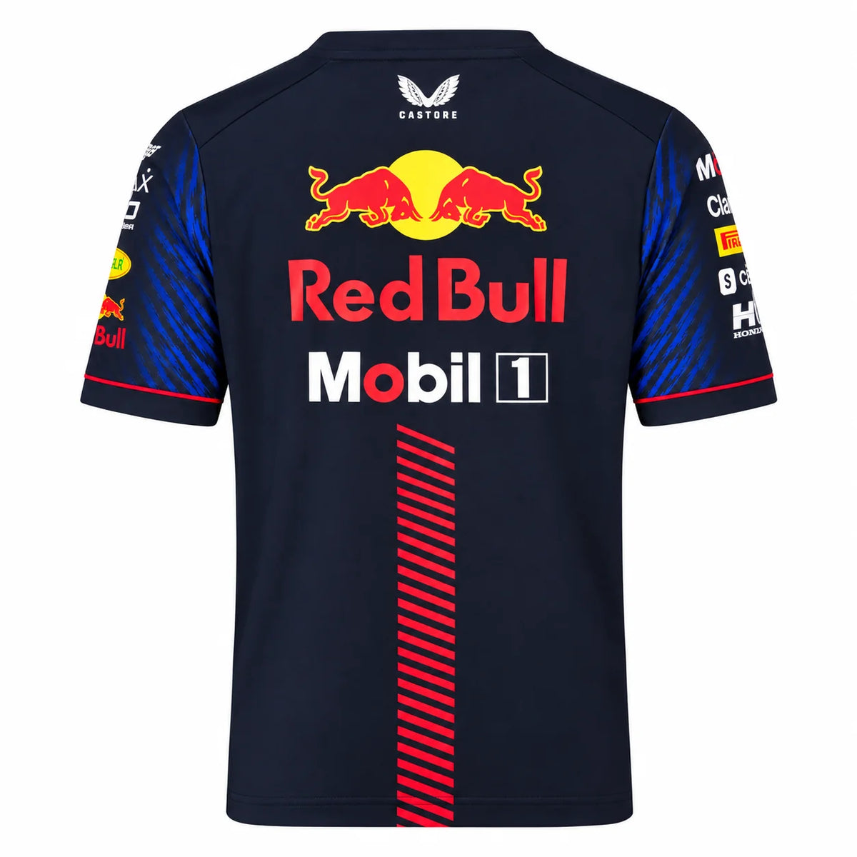 Rear view of a Red Bull Racing Castore team shirt in navy blue, featuring the red bull logo, 'Red Bull' and 'Mobil 1' sponsor logos, and blue and red striped patterns on the sleeves and lower back.