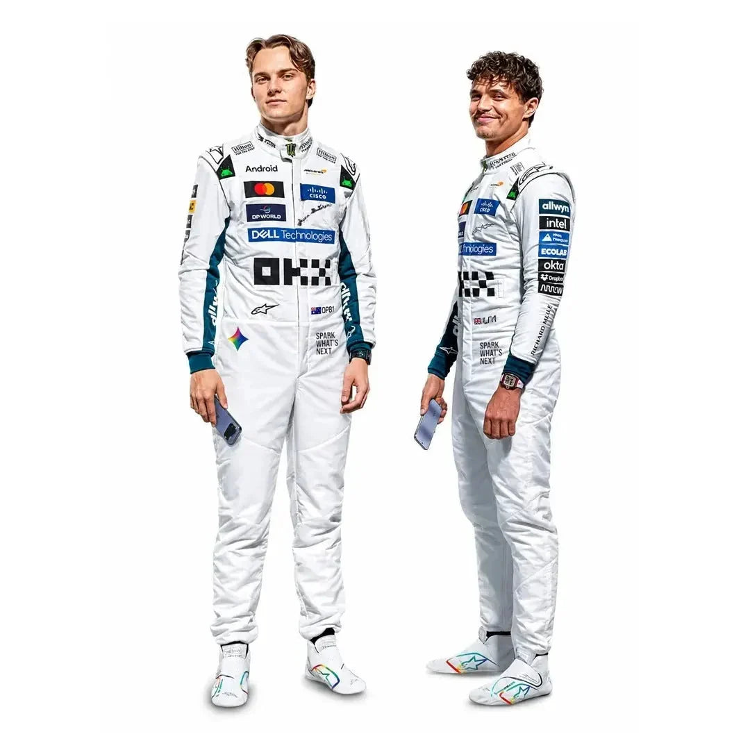 Lando Norris inspired white 2026 F1 racing suit with dark shoulder graphics and motorsport sponsor-style details