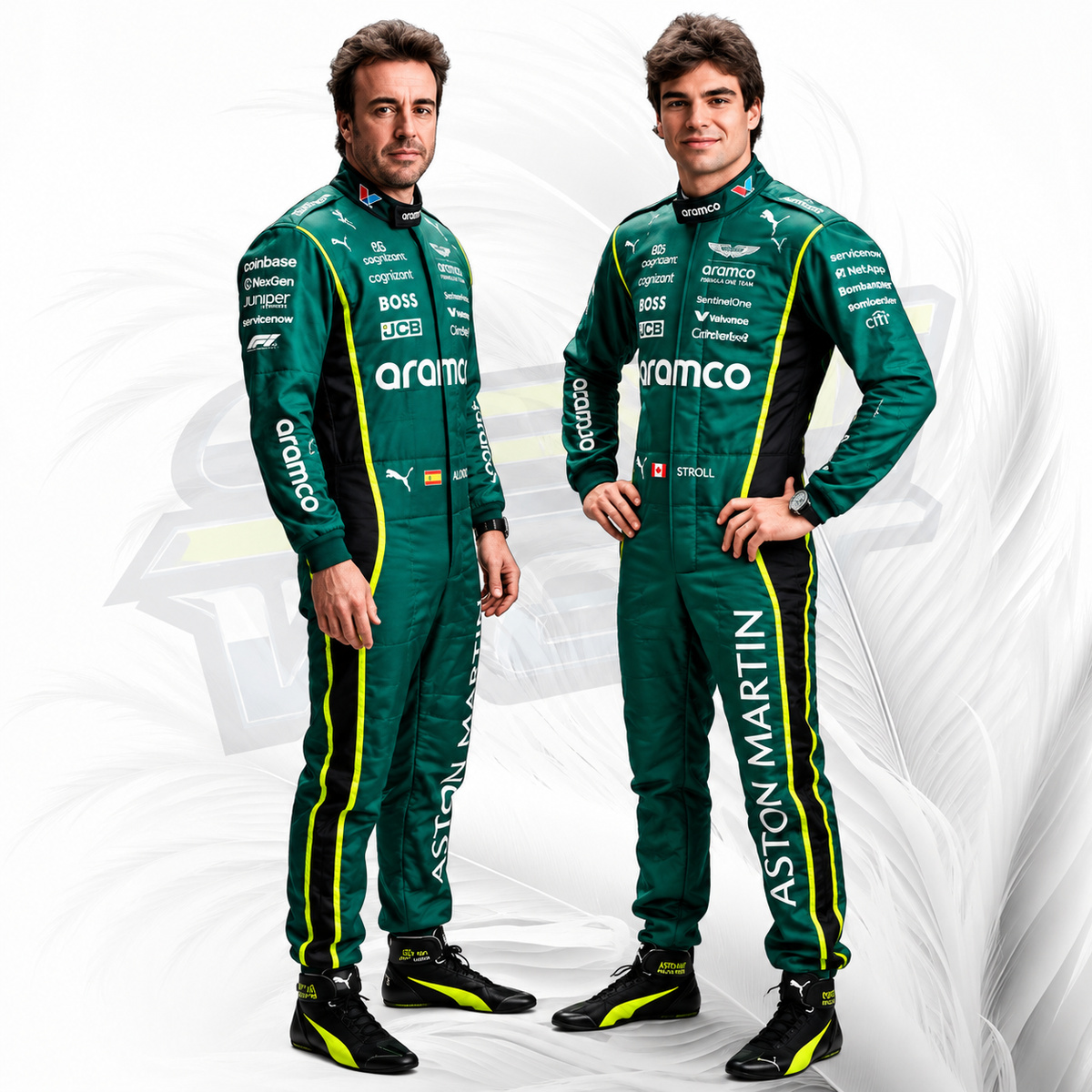 Two male race drivers wearing matching dark green Aston Martin F1 team racing suits with yellow and black accents, standing against a white and gray abstract background. The suits feature sponsor logos such as Aramco, Castore, and Puma.