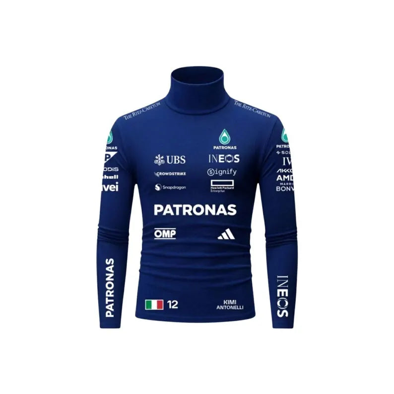 Front view of navy blue racing-inspired men's bodysuit with white motorsport graphics and turquoise accents