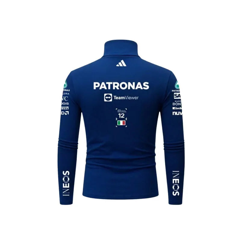 Back view of navy blue racing-inspired bodysuit with large white lettering and number 12 graphic details