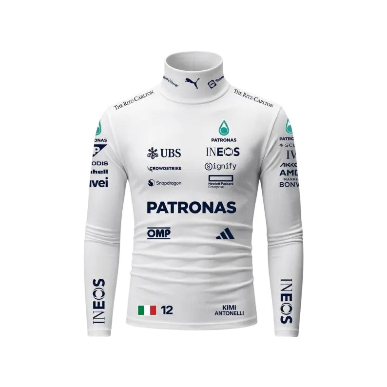 Front view of white racing-inspired men's bodysuit with navy blue graphics and turquoise accents