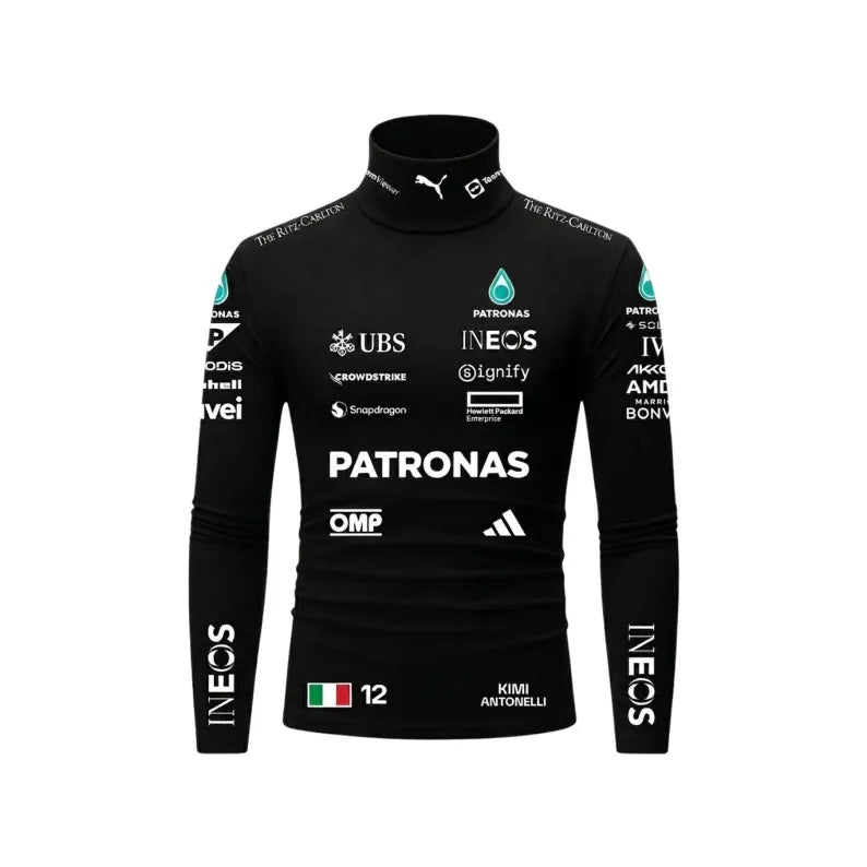 Front view of black racing-inspired men's bodysuit with white motorsport graphics and turquoise accents