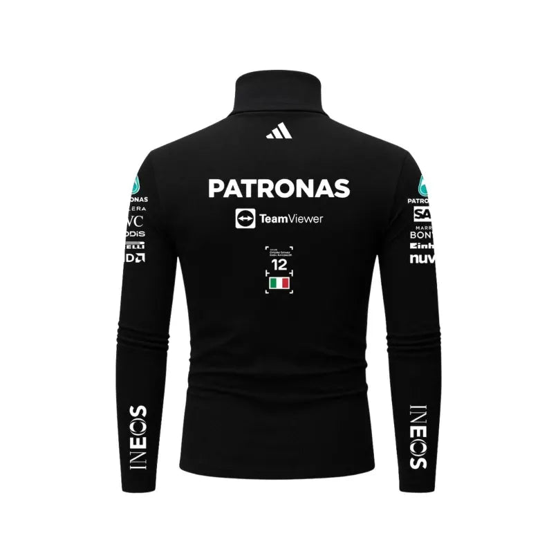 Back view of black racing-inspired bodysuit with large white lettering and number 12 graphic details