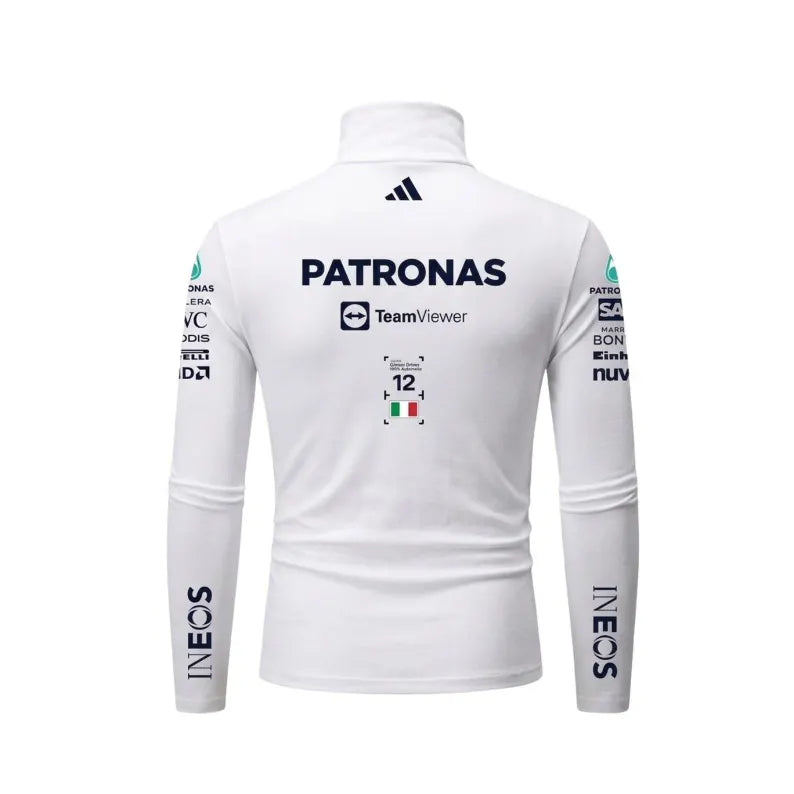 Back view of white racing-inspired bodysuit with navy blue lettering and number 12 graphic details