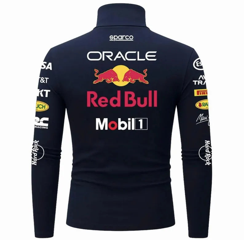 Back view of navy blue racing inspired bodysuit with large motorsport graphics and sponsor-style lettering