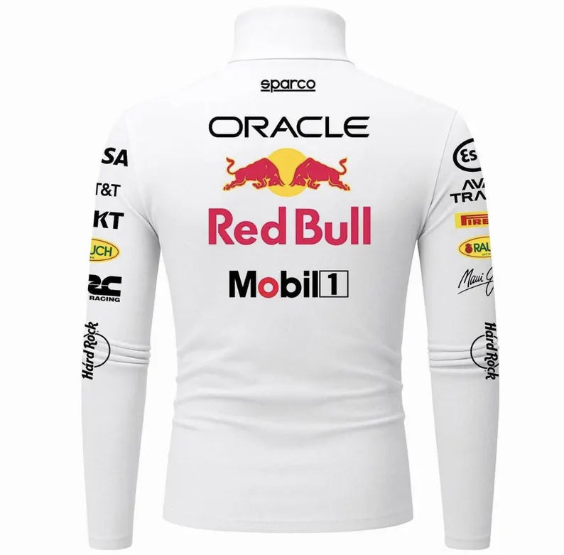 Back view of white racing-inspired men's bodysuit with large motorsport graphics and sleeve prints