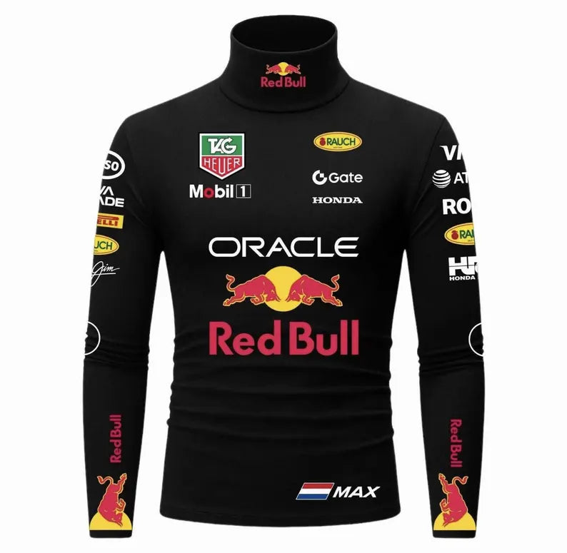 Front view of black men's racing inspired bodysuit with bold motorsport graphics and high-neck collar