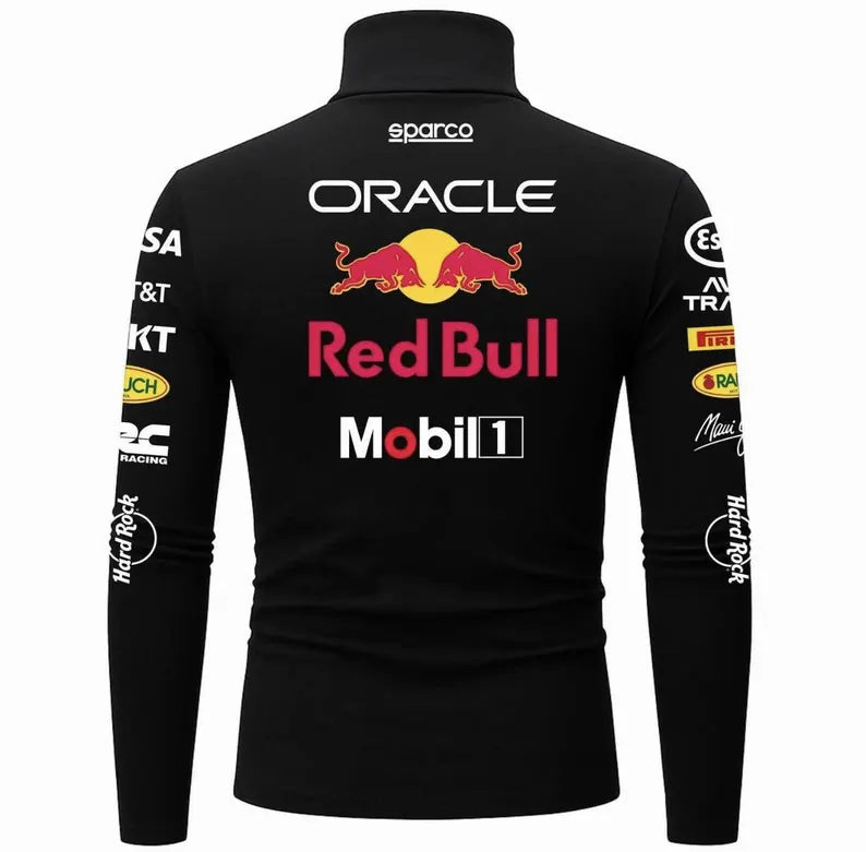 Back view of black racing inspired men's bodysuit with large motorsport graphics and sleeve prints