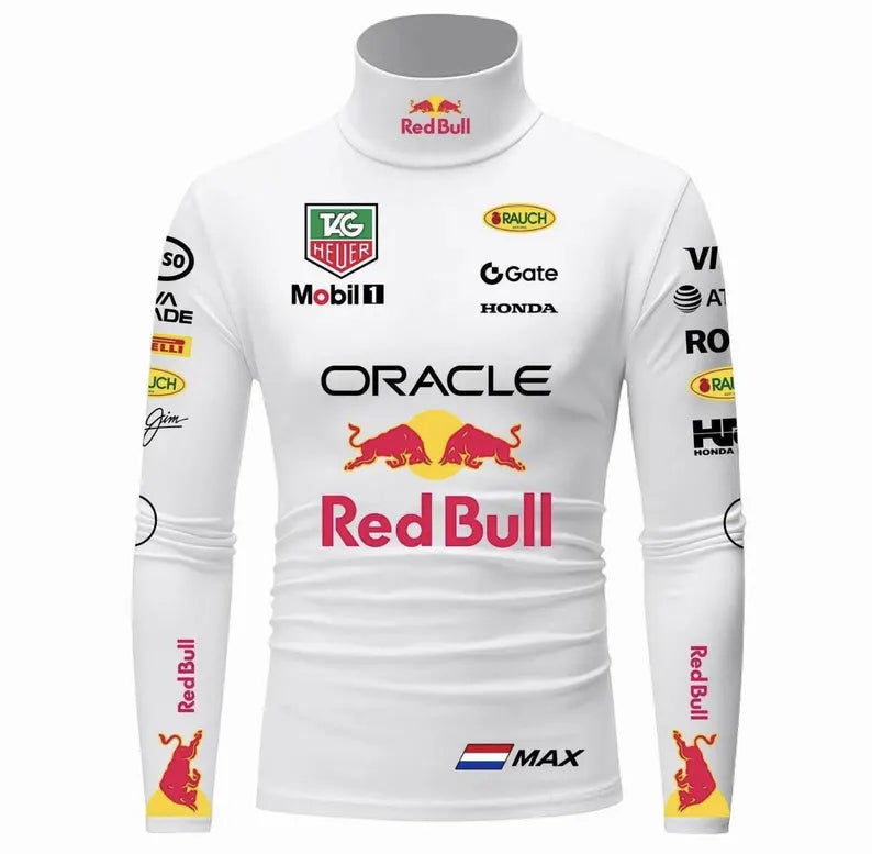 Front view of white men's racing-inspired bodysuit with colorful motorsport graphics and high-neck collar