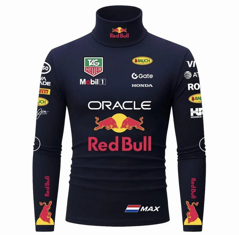Front view of navy blue men's racing inspired bodysuit with Red Bull and motorsport-style graphics