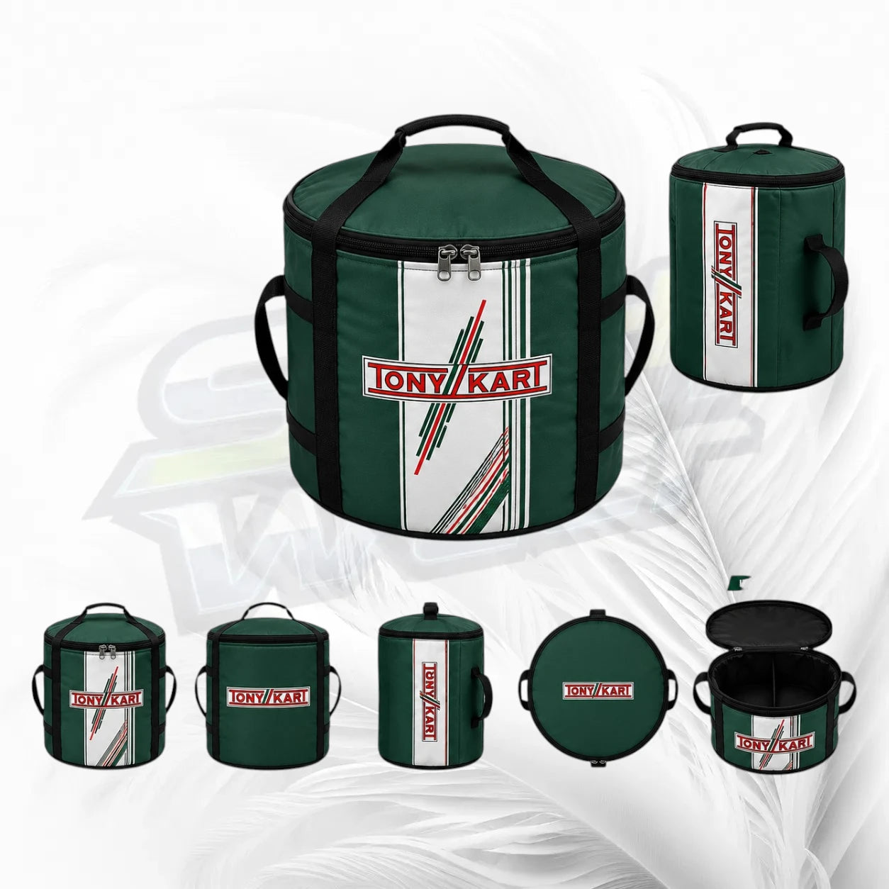 A green and white insulated cylindrical cooler bag shown from multiple angles on a white background, with the brand name 'Tony Karl' printed prominently on the front.