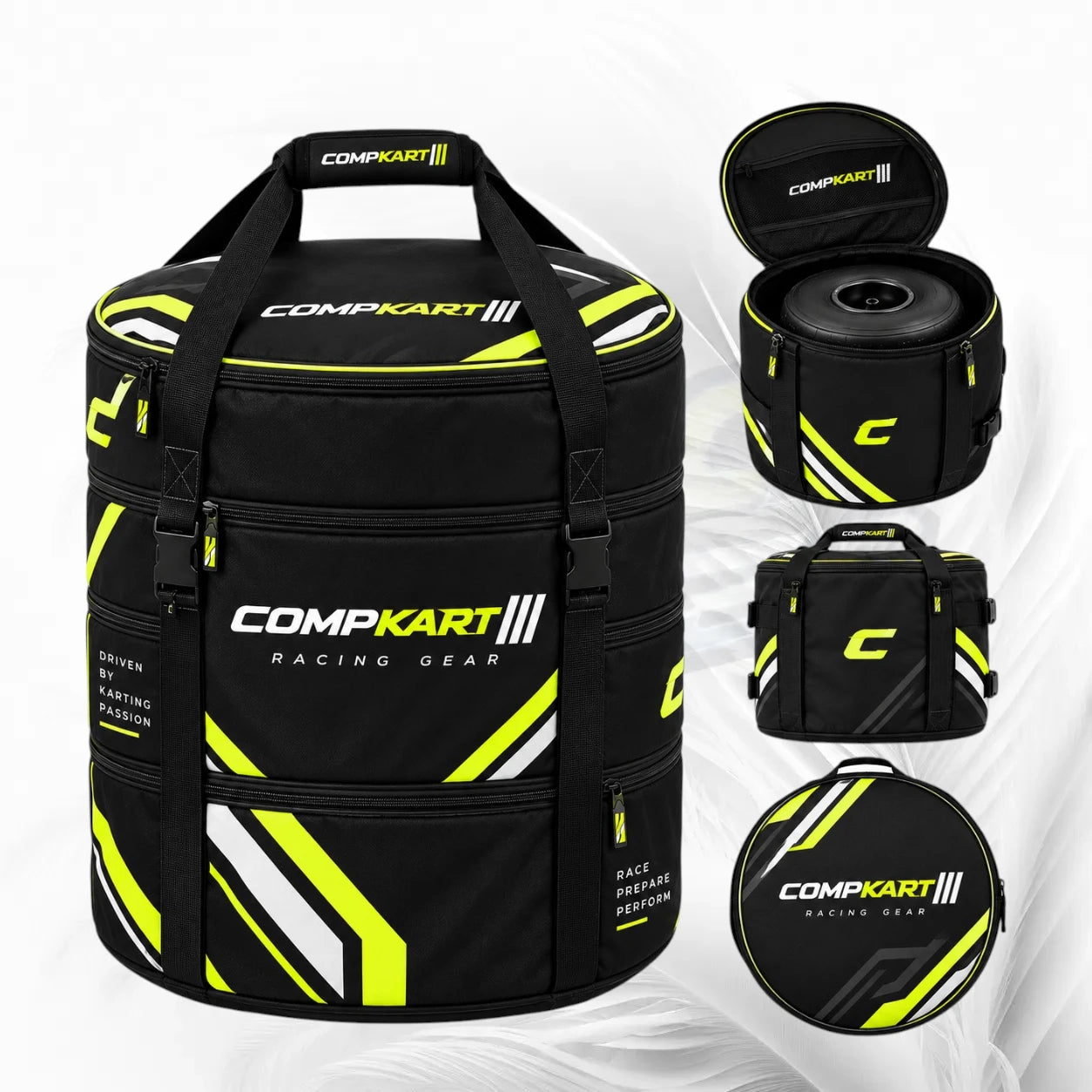 Black COMPKART Racing Gear bag with neon yellow and white geometric accents, shown in a main front view and three smaller inset views showing the open lid, side view, and circular close-up on a white background.