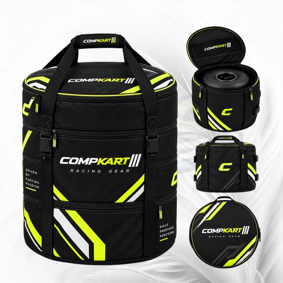 Black COMPKART Racing Gear bag with neon yellow and white geometric accents, shown in a main front view and three smaller inset views showing the open lid, side view, and circular close-up on a white background.